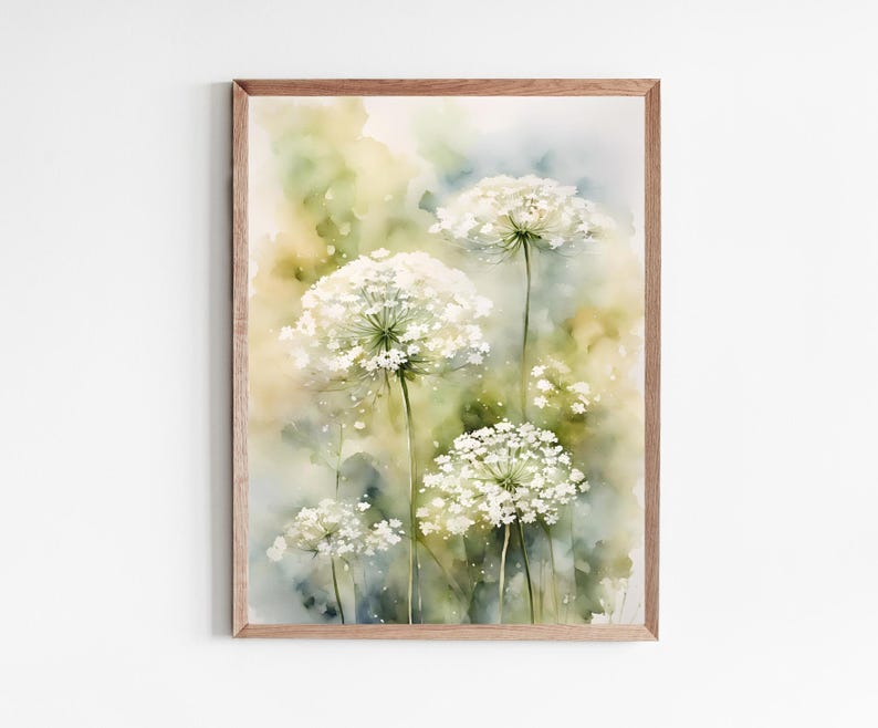 May include: Watercolour painting of white Queen Anne's Lace flowers with green stems and leaves against a soft yellow and green background.