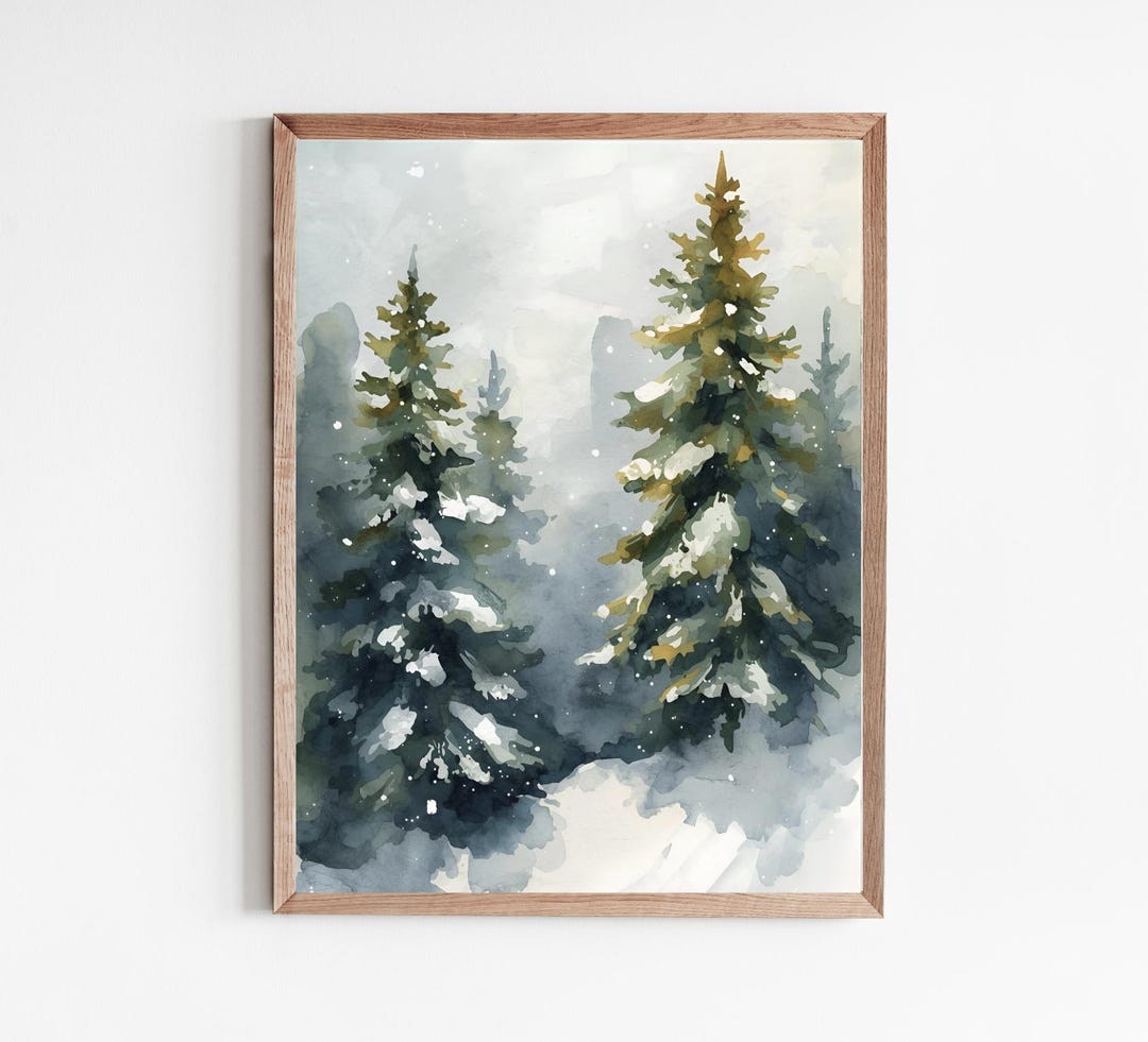 Snowy Pine Trees Painting Winter Forest Art Print Watercolor Landscape ...