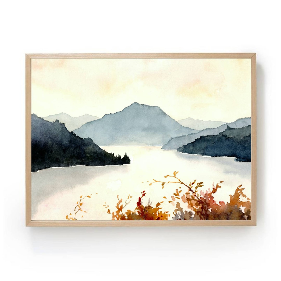 Mountain Lake Wall Art Sunset Lake Watercolor Painting Large Fine Art ...