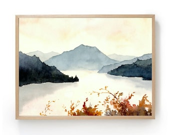 Mountain lake wall art sunset lake watercolor painting large fine art print mountains painting panoramic landscape modern wall decor