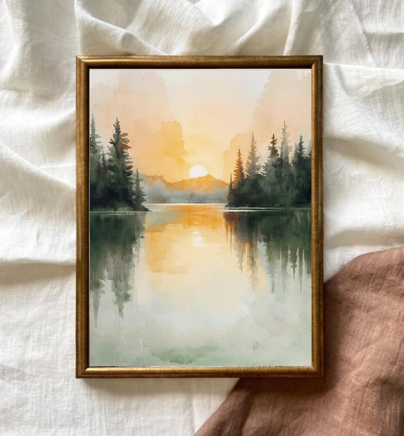 Sunrise Forest Lake Painting Watercolor Landscape Michigan Art Print ...