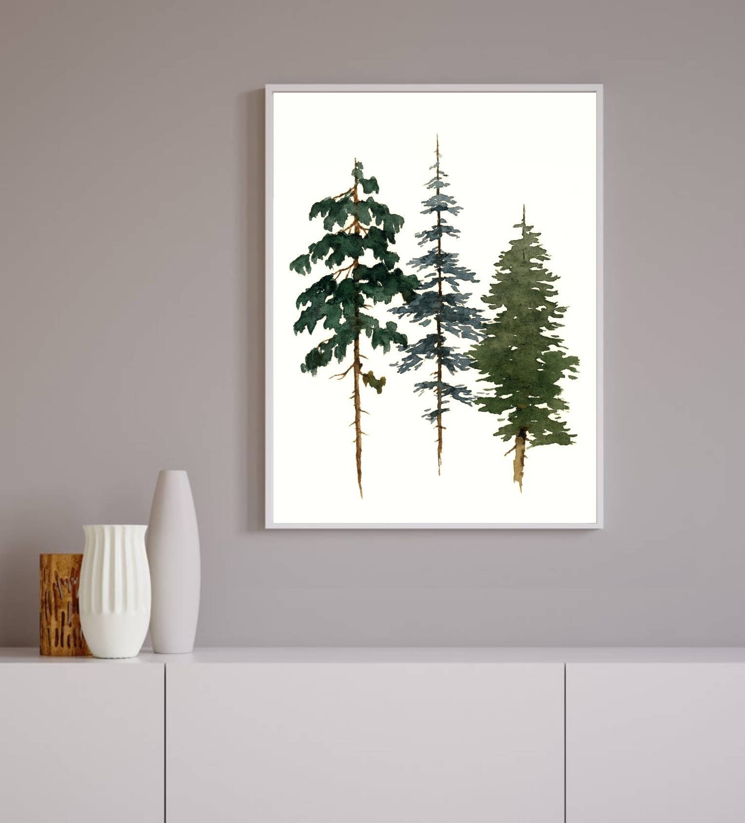 Pine Tree Wall Art Evergreen Tree Print Minimalist Watercolor Painting ...