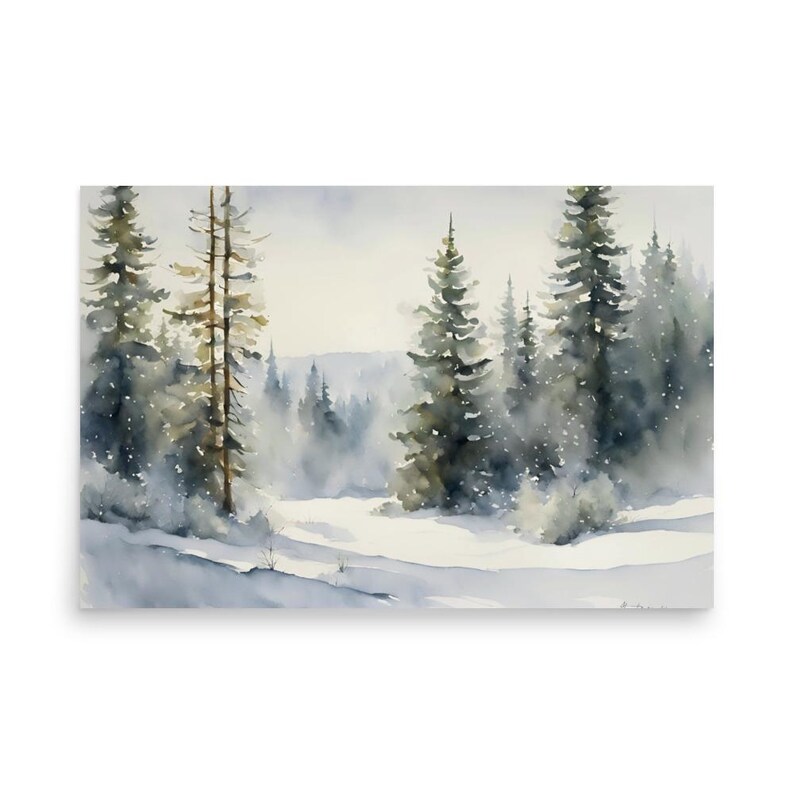 Snowy Pine Tree Forest Print Winter Landscape Watercolor Painting ...