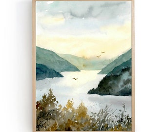 Mountain lake watercolor painting large art print mountains sunset sky wall art lake artwork evening sky art watercolor landscape