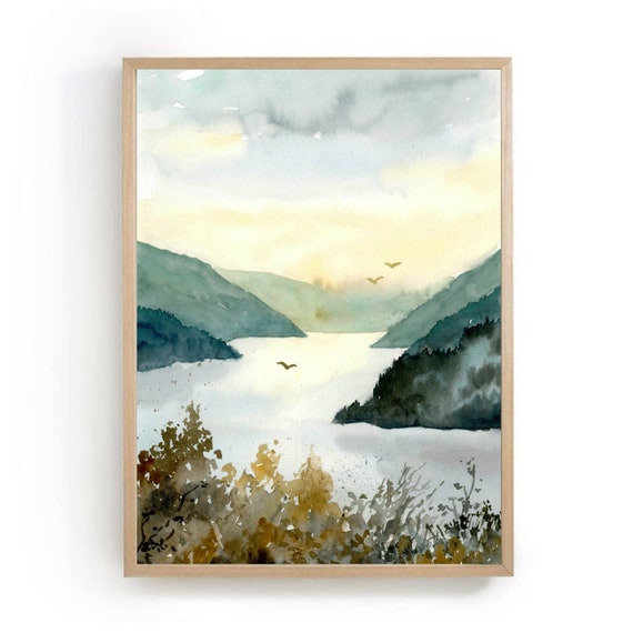 水彩風景抽象山湖絵画大水彩写真山アートプリント写真リビングルーム