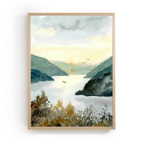 Mountain lake watercolor painting large art print mountains sunset sky wall art lake artwork evening sky art watercolor landscape