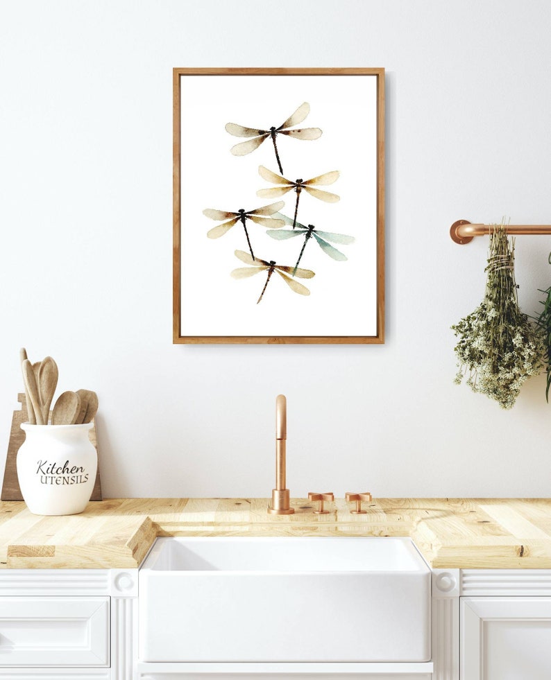 Dragon fly wall art watercolor painting farmhouse wall decor beige brown print neutral wall decor dragonfly art print cottage wall art image 4