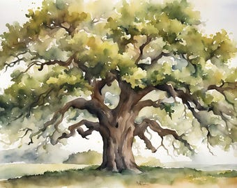 Oak Tree painting Watercolor Landscape Old Oak Tree Art Print Large Wall Art Rustic Home Decor Trees Artwork