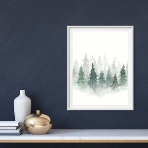 Pine Tree Print Watercolor Painting Pine Forest Large Wall Art Foggy ...