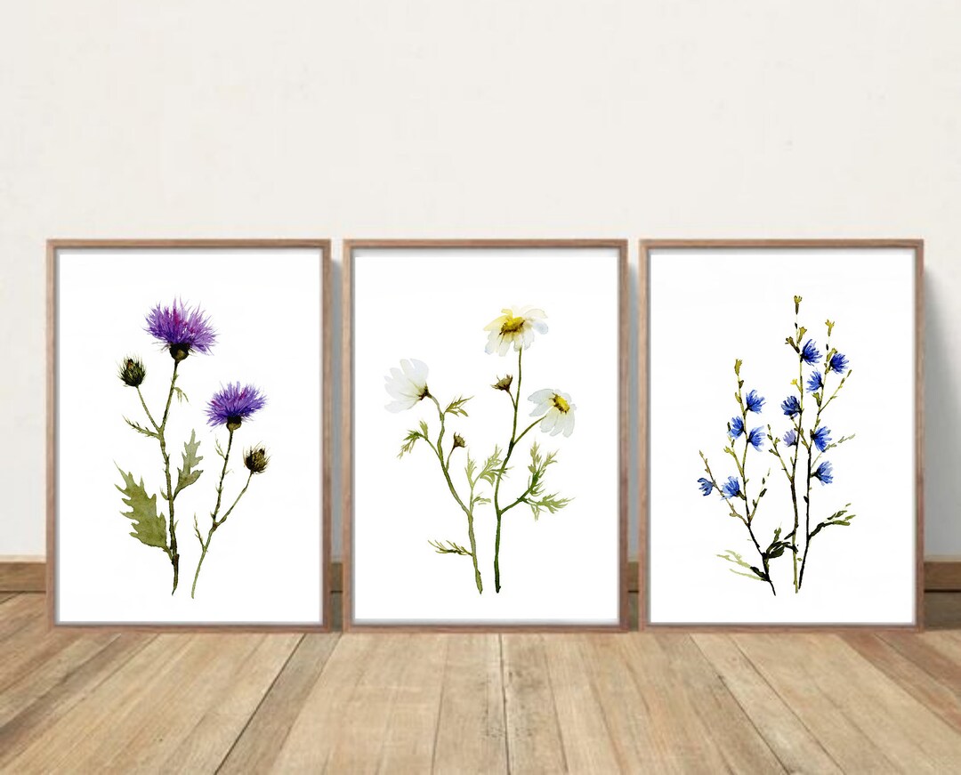 Wildflowers Print Set of 3 Flower Large Wall Art Watercolor Painting ...