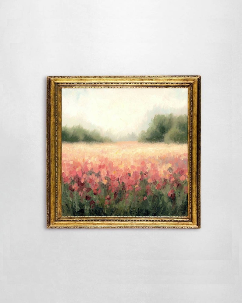 May include: A framed painting of a field of pink flowers with a hazy background of trees and a light blue sky.