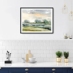 Watercolor landscape art print abstract painting blue green heels wall art panoramic landscape trees painting fine art print evening sky e image 5