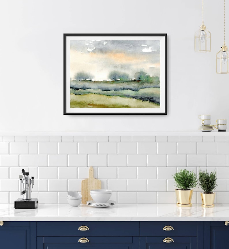 Watercolor landscape art print abstract painting blue green heels wall art panoramic landscape trees painting fine art print evening sky e image 5