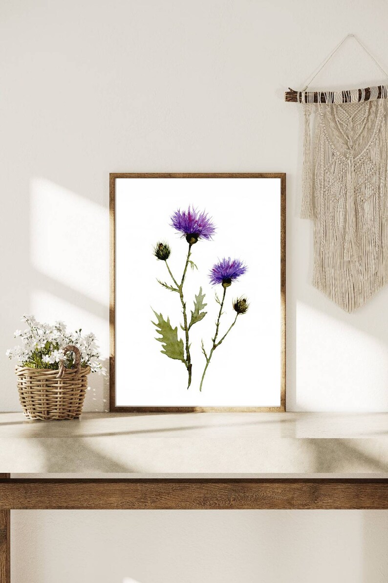 May include: A framed watercolor print featuring purple thistle flowers with green leaves and buds. The artwork is set against a white background, framed in a brown wooden frame. A woven basket of white flowers and a macrame wall hanging are also visible.