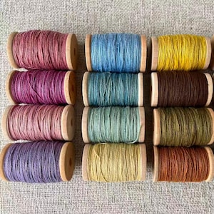 Puede incluir: Una colección de coloridas bobinas de hilo. Las bobinas de madera están llenas de hilos en varios tonos, incluyendo rosa, azul, amarillo, marrón y verde. Los hilos están bien enrollados alrededor de las bobinas de madera.