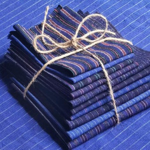 10pcs vintage indigo fabric scrap bundle - Chinese cotton woven - blue ticking stripe - perfect for sashiko boro slow stitching
