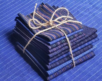 10pcs vintage indigo fabric scrap bundle - Chinese cotton woven - blue ticking stripe - perfect for sashiko boro slow stitching