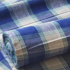 Vintage plaid cotton handwoven fabric - blue green checked - 14inches in width - perfect for bags or a bed sheet