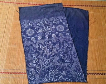 Vintage Chinese indigo batik cotton woven fabric - Dragon and phoenix prints - indigo paste resist plant natural dyed - 205cm x 59cm in size