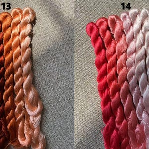Pode incluir: Dois conjuntos de fio para bordar, cada um com quatro fios em um degrad&ecirc; de cores. O primeiro conjunto &eacute; etiquetado como "13" e apresenta tons de laranja e p&ecirc;ssego. O segundo conjunto &eacute; etiquetado como "14" e apresenta tons de vermelho e rosa.