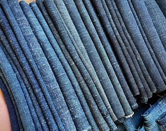 May include: A stack of folded blue denim fabric, showing different shades of blue. The fabric is arranged in a neat and organised manner, with the edges of each piece aligned.