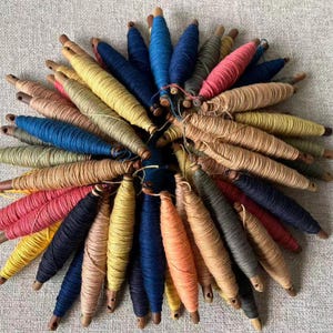 May include: A circular arrangement of colourful thread spools. The spools, in shades of blue, pink, yellow, and brown, are wound with thread and have wooden bases. This display of thread spools would be ideal for craft projects or textile work.
