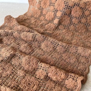 Persimmon Dyed Cotton Lace Fabric: Crochet Kakishibu Textile, 49cm Width
