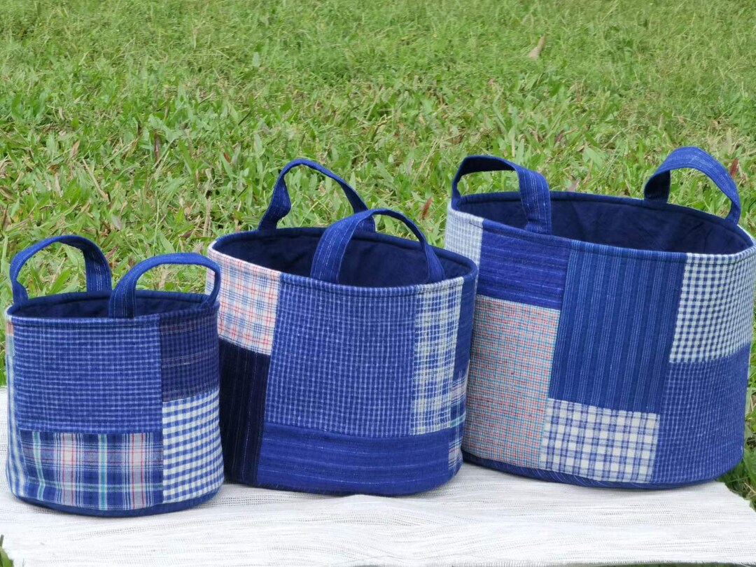 Scrappy Quilted Storage Basket With Handle Indigo Dyed Vintage