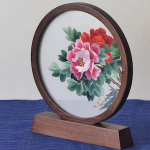 Chinese double side hand embroidered tabletop - peony flower - 22cmx24cm in size - perfect for house warming gift or home decoration