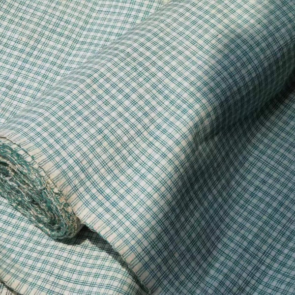 Vintage plaid cotton handwoven fabric - green and white checked - 14inches in width - perfect for a bed sheet or quilting