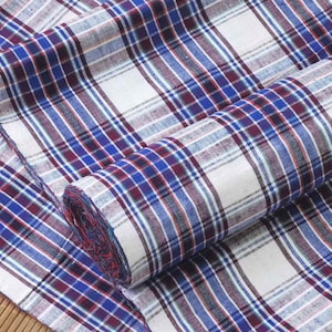 Vintage plaid cotton handwoven fabric - berry indigo blue and green checked - 15inches in width - sold by the meter