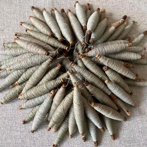 Op de afbeelding: Een verzameling vintage garenklosjes, gerangschikt in een cirkelvormig patroon. De klosjes zijn gewikkeld met lichtgroen garen en hebben houten uiteinden. De opstelling staat op een neutraal gekleurd, getextureerd oppervlak.