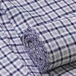 Vintage plaid cotton handwoven fabric - simple navy blue and white checked - 13 inches in width - sold by the meter