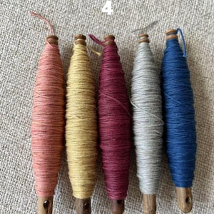 May include: Five colorful spools of thread in shades of pink, yellow, burgundy, gray, and blue. Each spool is wrapped around a wooden core with a small hole at the base. The number "4" is visible in the background.