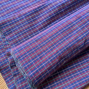 Vintage plaid cotton handwoven fabric - berry blue green checked - 60cm in width - crafting fabric