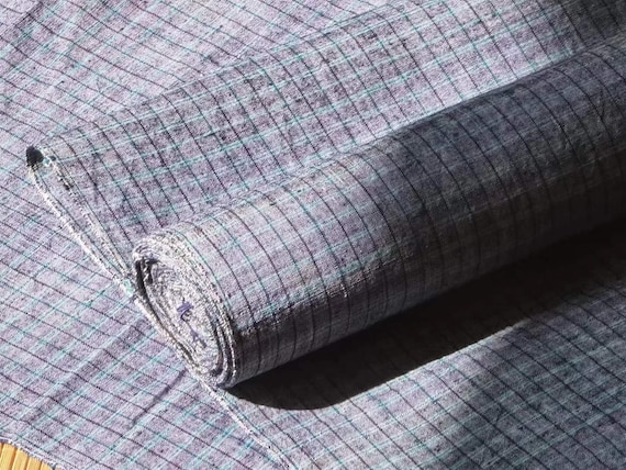 Vintage Handwoven Plaid Cotton Fabric: Gray & Green Craft Material