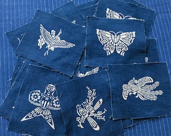 1 piece Botanic dyed fabric scraps with katazome - indigo plant hand dye - paste resist dyeing technique