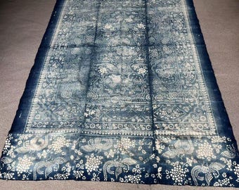 Vintage Chinese Indigo Batik Fabric: Auspicious Motifs, 132cm x 200cm