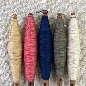 May include: Five colorful spools of thread. The spools are arranged in a row and are wrapped with thread in shades of beige, pink, navy blue, gray-green, and white. Each spool has a wooden base and top. The number "3" is visible in the background.