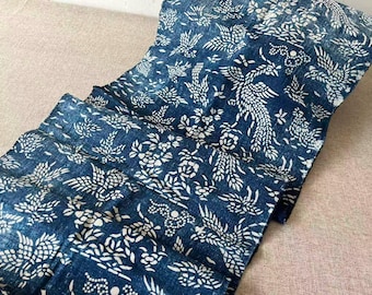 Vintage Chinese Indigo Batik Fabric: Phoenixes, Paste Resist Dye, Handwoven Textile (44 x 220cm)