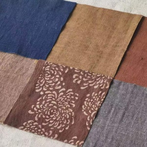 6pcs assorted botanical hand dyed cotton woven fabric scraps - katazome - Kakishibu persimmon - indigo dyed  - perfect for boro patchwork