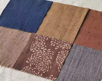 6pcs assorted botanical hand dyed cotton woven fabric scraps - katazome - Kakishibu persimmon - indigo dyed  - perfect for boro patchwork