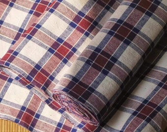 Vintage plaid cotton handwoven fabric - berry and indigo check - 17inches in width - perfect for cushion cover or bag making