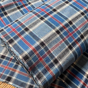 Vintage plaid cotton handwoven fabric - blue red checked - 16inches in width - perfect for crafting