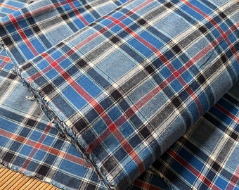 Vintage Karierter Baumwollstoff: Handgewebtes Blau Rot Karo, 16 "Breite