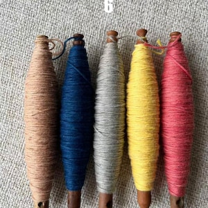 May include: Five wooden spools wrapped with colorful yarn in shades of brown, blue, gray, yellow, and red. The spools are arranged vertically, with the number "6" in white in the upper left corner. The yarn is tightly wound around the wooden spools.