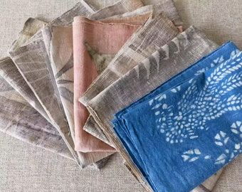 Special offer - Naturally eco print handwoven cotton fabric - indigo dyed fabric - slightly flaw fabric scraps at special price