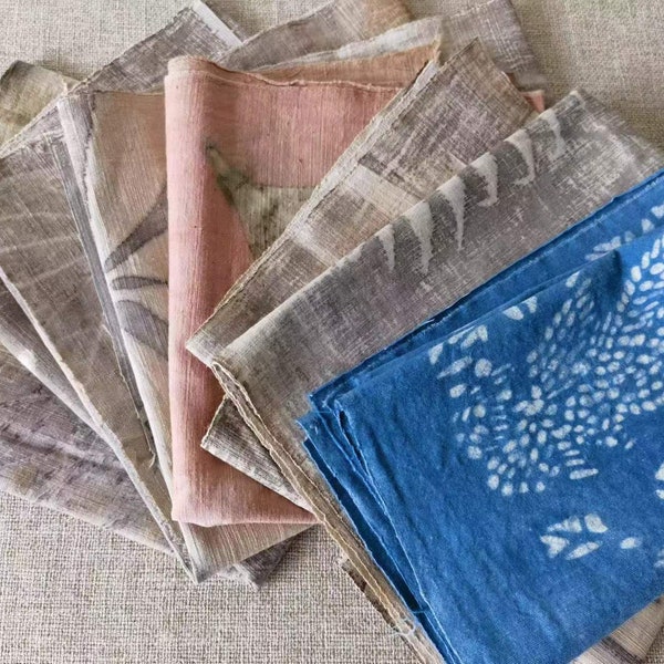Special offer - Naturally eco print handwoven cotton fabric - indigo dyed fabric - slightly flaw fabric scraps at special price