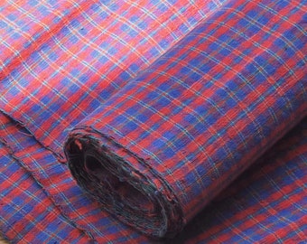 Vintage plaid cotton handwoven fabric - berry color red blue and green checked - 14inches in width - perfect for bags or cushions
