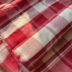 Vintage Red and White Plaid Cotton Fabric: Handwoven Craft Material